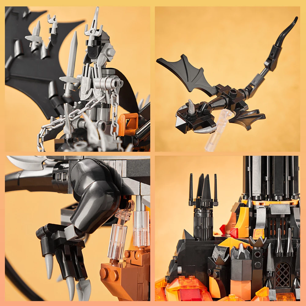 Bloco de construção de arquitetura de filme criativo, torre escura, conjuntos de modelos de tijolos, coleção de brinquedos de construção com luz para presentes