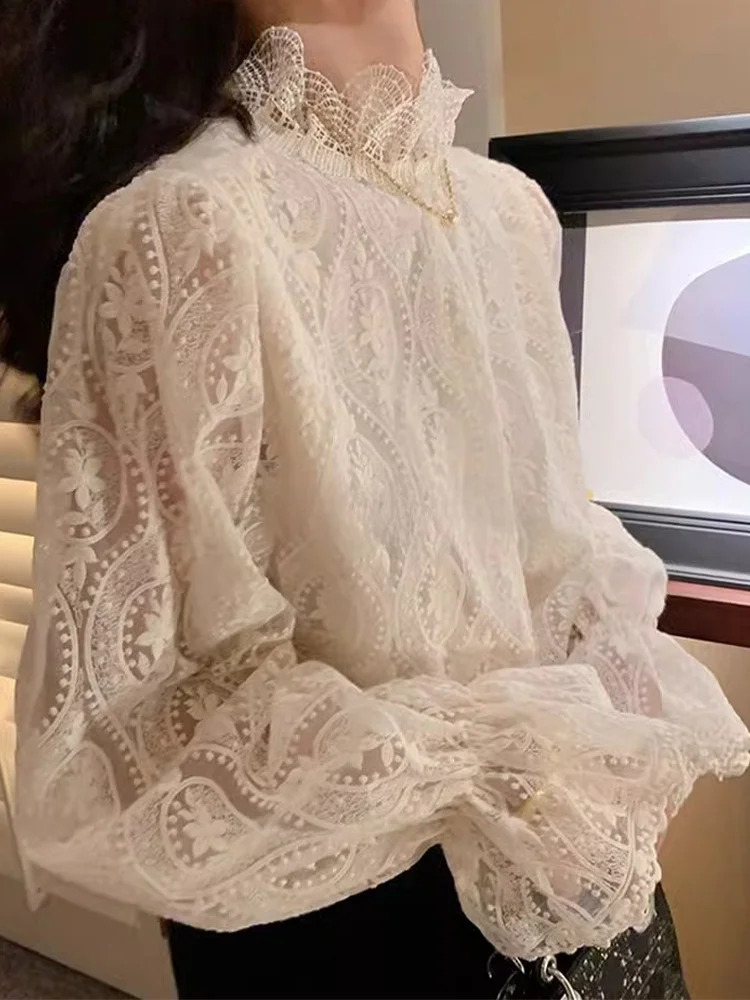 

Fashionable Lace Shirt Women's Autumn Winter Design Sensation Elegant Atmosphere Top Rouje Kefss Brand Long Sleeve Half High ...