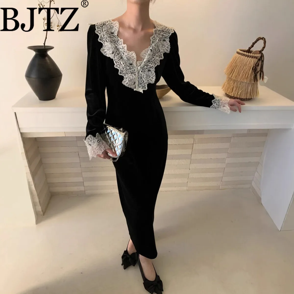 

BJTZ осень-весна французское бархатное платье с v-образным вырезом элегантное женское вечернее платье для коктейльной вечеринки для женщин