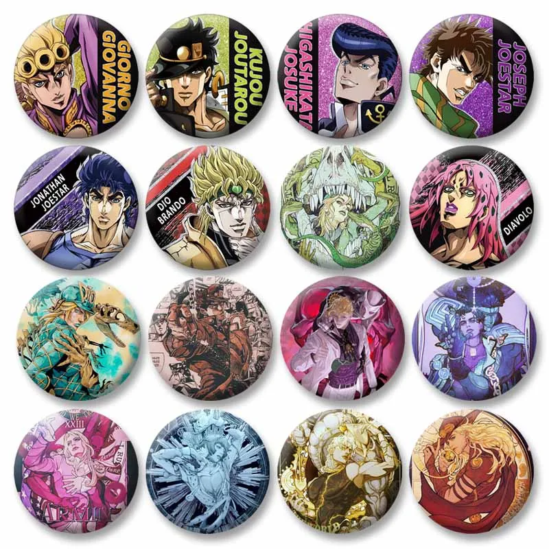 Anime JoJo Bizarre Adventure Brooch for Bag Tinplate Round Lapel Pin Kujo Jotaro Jolyne Cujoh Dio Brando Badge Fans Jewelry Gift