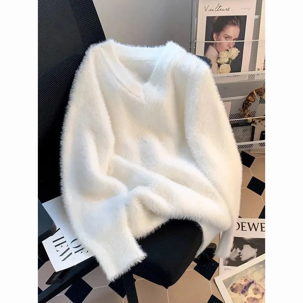 

Новая нежная и утягивающая шуба из норкового меха для женщин на осень и зиму, толстый вязаный свитер, свободный вырез, внешний топ, ленивый