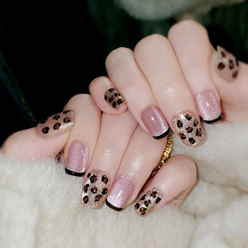 Hand-painted cat-eye wear-resistant nails, versatile leopard print cherry blossom pink False nails 10PCS