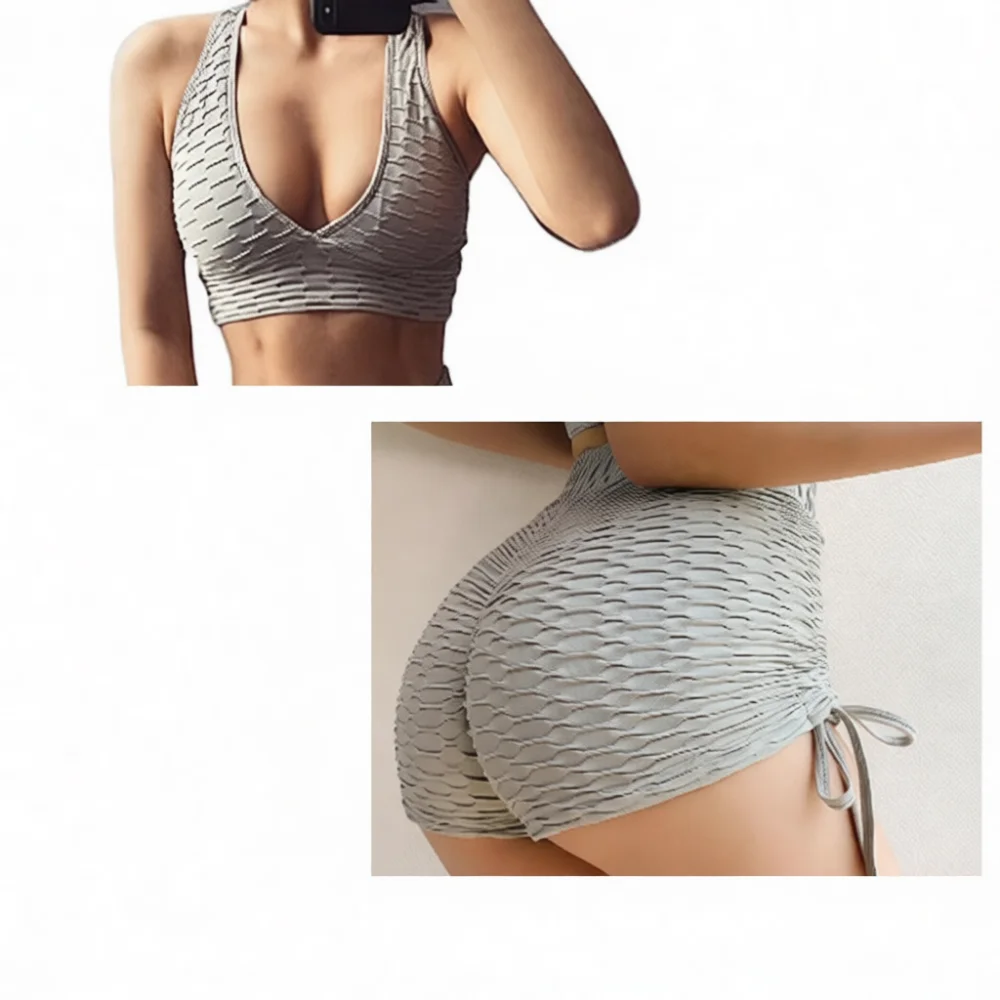High Waisted Yoga Set Scrunch Shorts Sports Bra Womens Gym Apparel Breathable Elastic Fitness Training Athletic Clothing