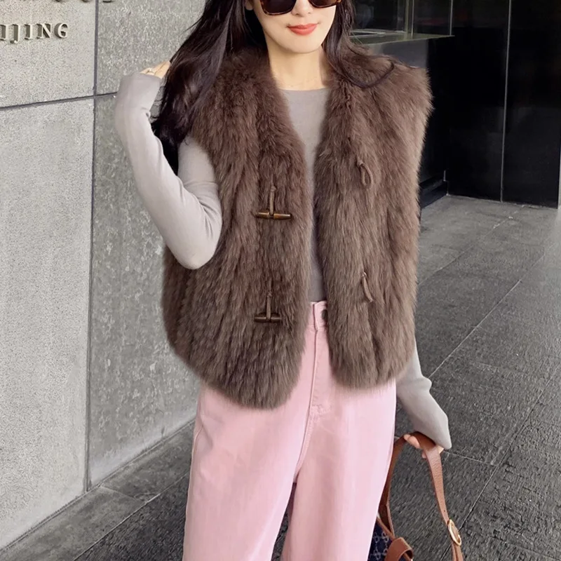 2024 Haining Fur  Winter New Fox Fur Vest Encrypted Weave Youth Style Coat Girl