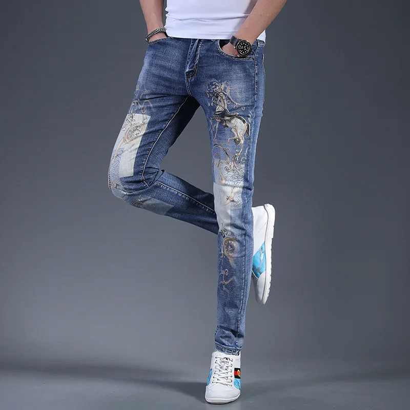 Luxury and fashionable printed jeans for men in 2024 new denim clothing with slim fit and elastic feet trendy casual pants