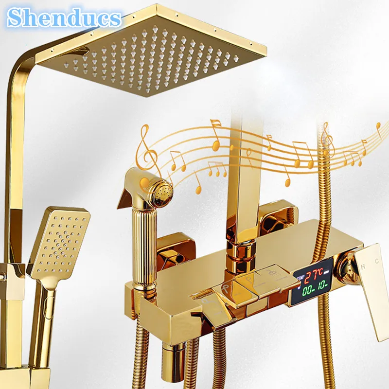 

Gold Piano Bathroom Shower Set 12 Inch Rain Shower Head Home Bathroom Accessories Faucets Golden Thermostatic Shower System