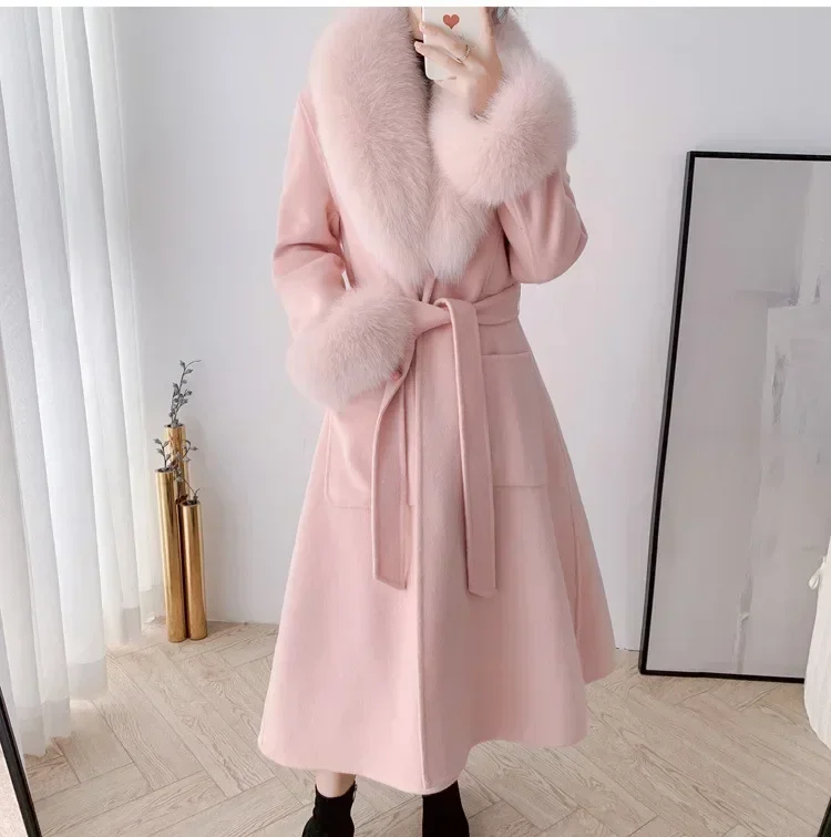 Korean Style Double-sided Cashmere Woolen Coat Autumn Winter Style Fox Big Fur Collar Long Skirt Slim Long Coat Free Shipping