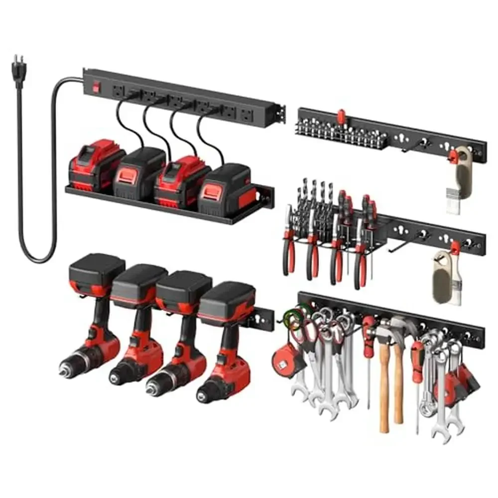 5PCS Pegboard Strip Power Outlet Garage Metal Wall Mount Mini Black Board Set Drill Tools Battery Organzier Hooks Tray Rack Plug