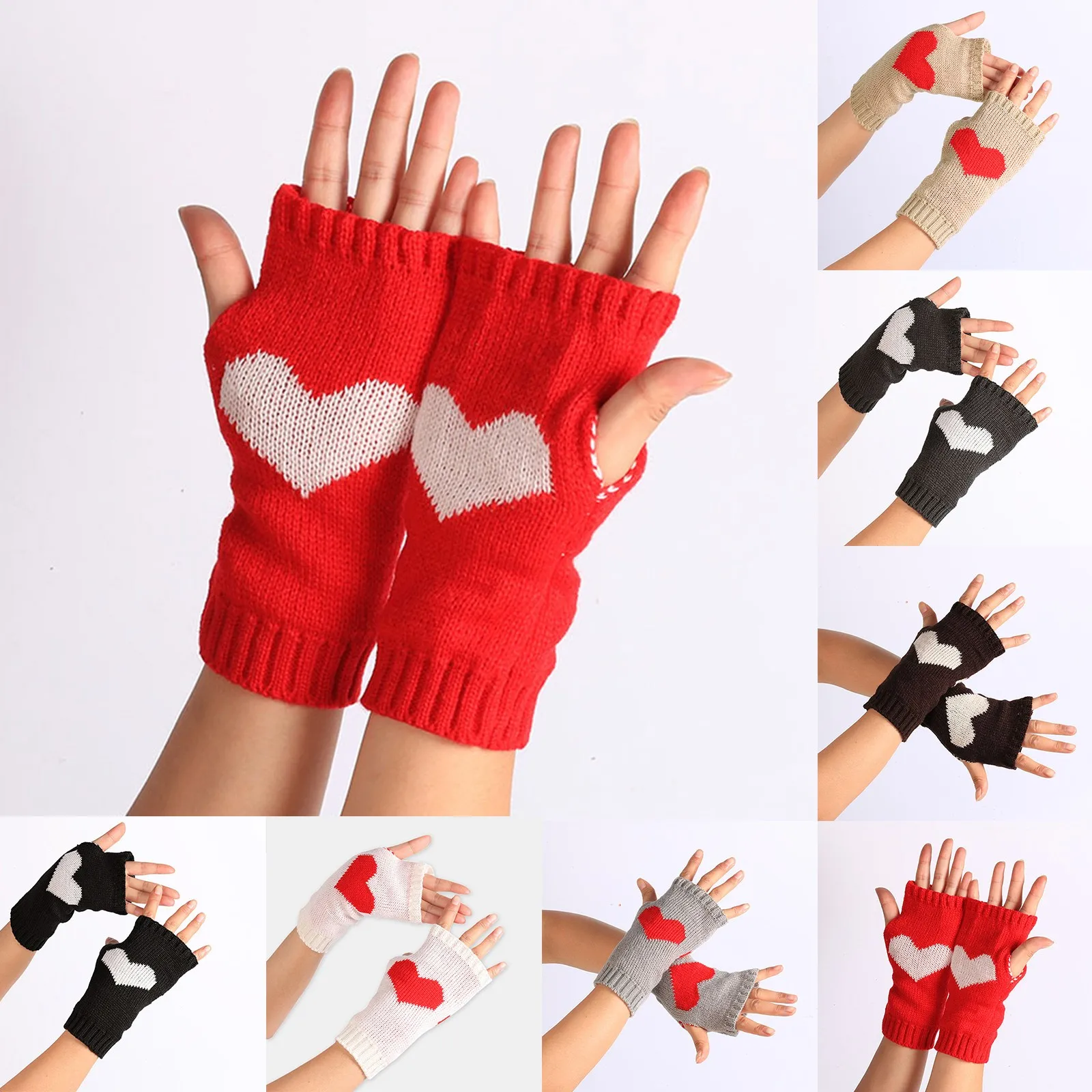 1 Pair Warm Fingerless Gloves Classic Soft Women Gloves Outdoor Cute Heart Print Fingerless Knitted Gloves for Daily Wear