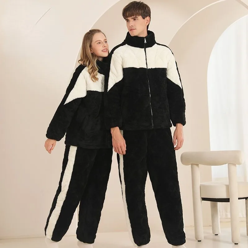 2023 New Winter Pajamas Male and Female Couples Coral Fleece Sleepwear Triple Layer Cotton Lint Thickened Warm Loungewear Set