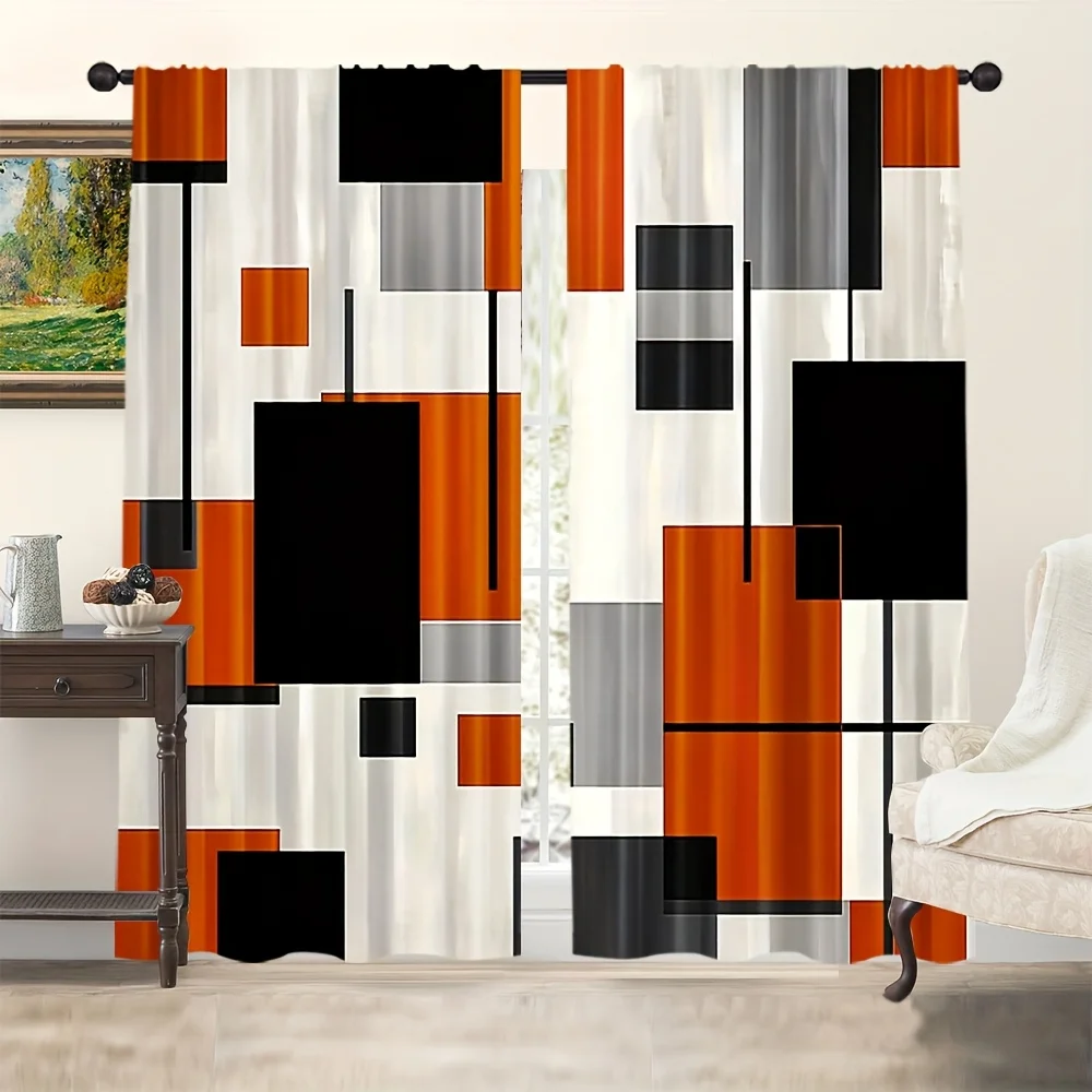 

2D плоские, 35x90 дюймов * 2 шт. 2 шт. современные шторы с геометрическим абстрактом, 100% полиэстер, дизайн кармана стержня, жирный оранжевый, черный и серый