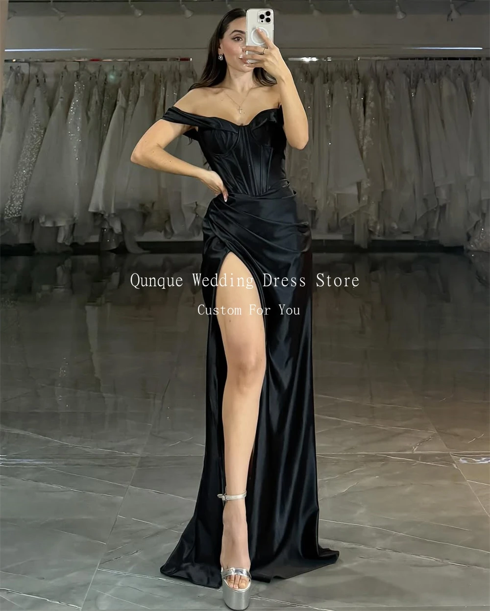 Qunque moda sereia vestidos de baile elegante cetim plissados vestido de noite sexy perna dividida festa de casamento robes de soirée personalizado
