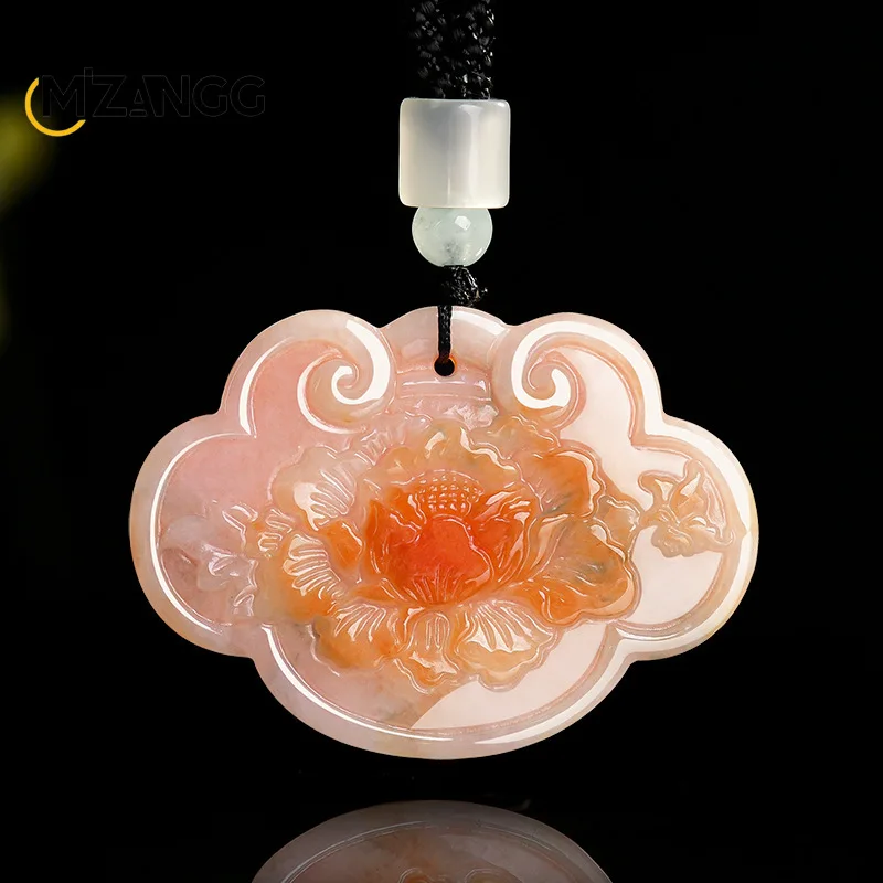 Natural A-goods Jadeite Ruyi Peony Pendant Hand-carved Exquisite Luxury Ice Jade Necklace Girlfriend Mother Gift