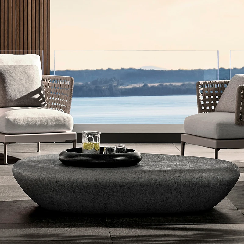 Designer italiano minimalista industrial baixa altura oval pedra mesa de café, moderno jardim ao ar livre mobiliário