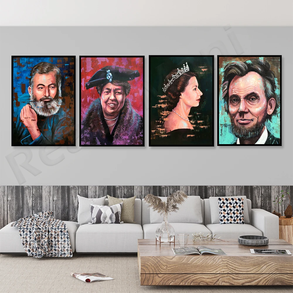 Honest Abe (Abe Lincoln), American Writer, World First Lady (Eleanor Roovelt), Queen Elizabeth II Portrait Art Deco Poster