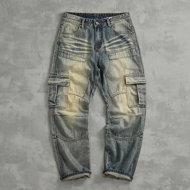 

Spring new loose splicing high-quality jeans men's wide leg tooling drag straight trousers