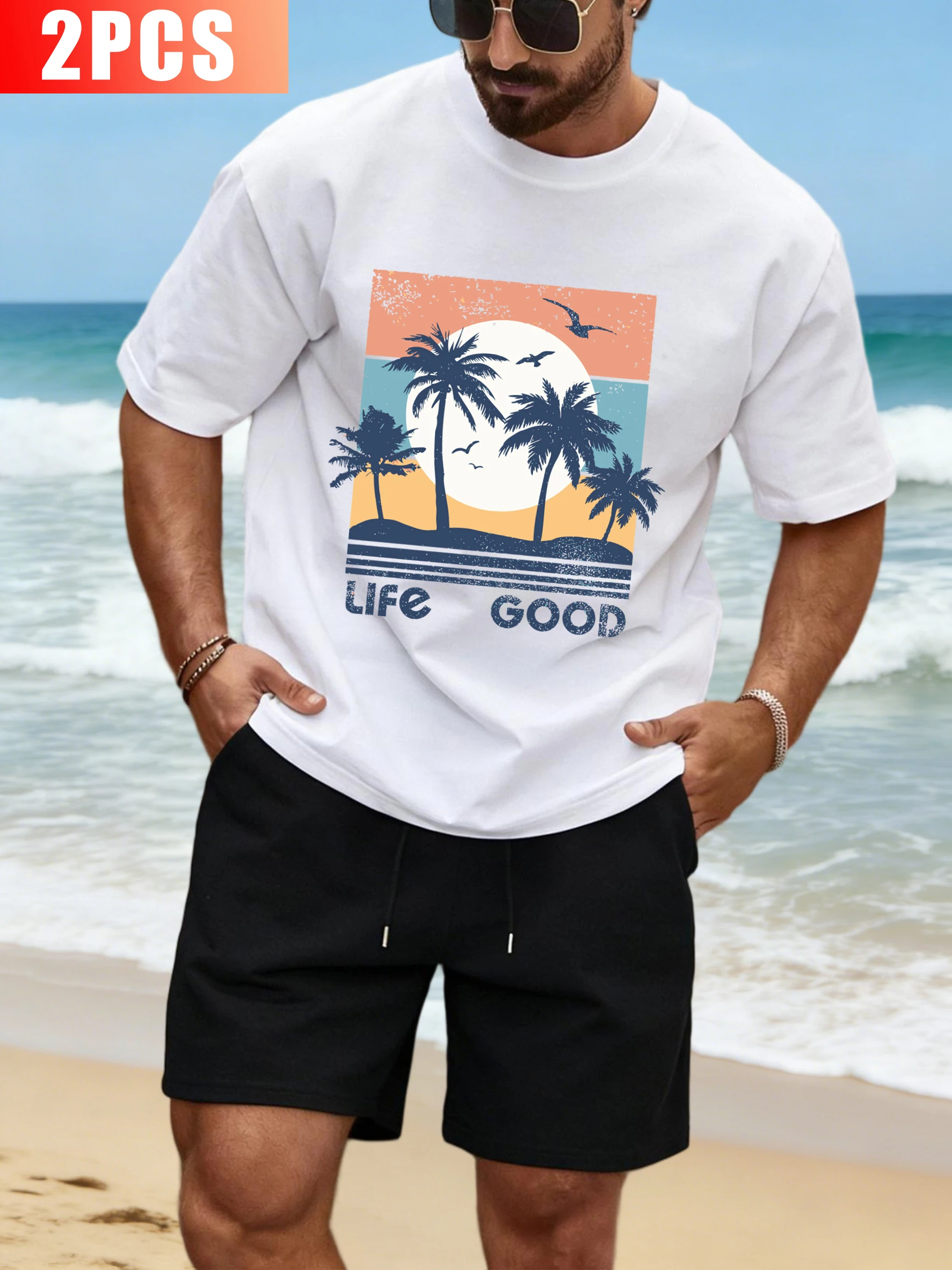 

A Happy Life Is Beautiful Print Mens T-Shirt Suit Soft Cotton O-Neck Tee Sport Drawstring Pants Unisex Loose Casual Shorts Set