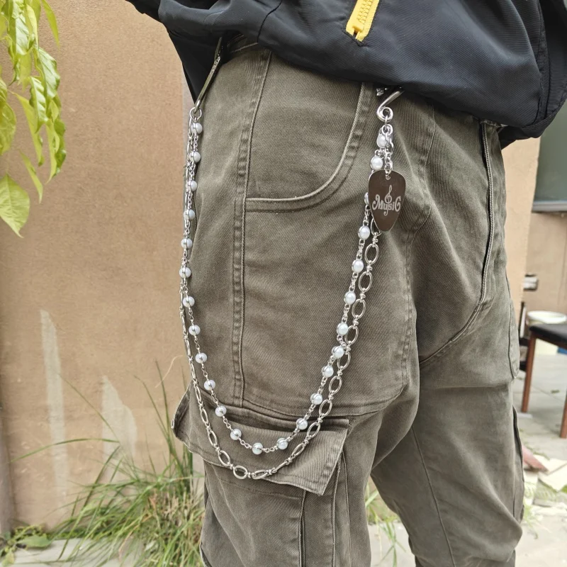Carving Flowers Tang Grass Buckle Guitar Pick Metal Pearl Double-deck Pants Chain Concise luxurious Accessories And Ornaments