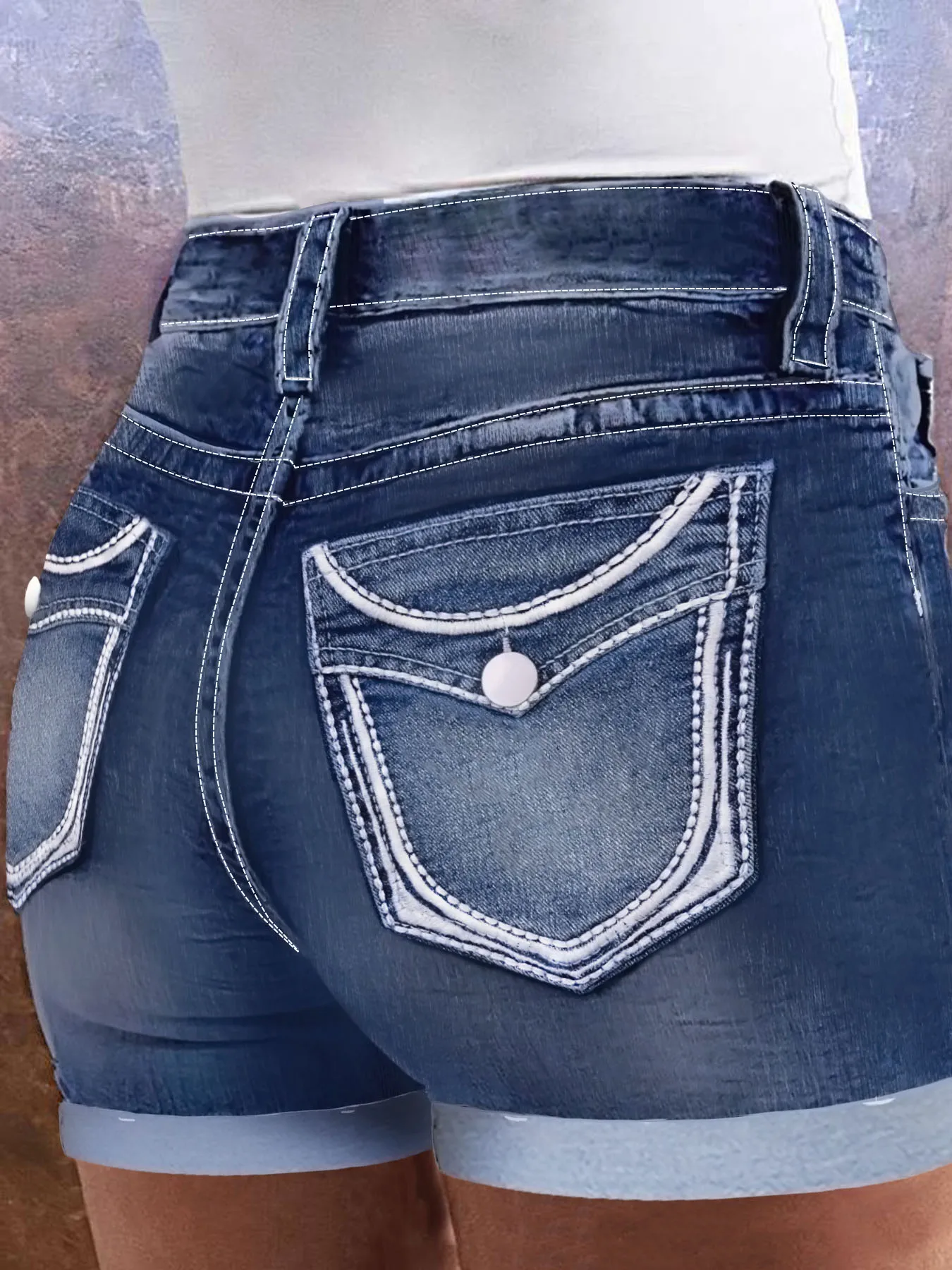 

Large Size Blue Women's Casual Curled Hoop High Waist Medium Stretch Embroidered Women's Summer Denim Shorts