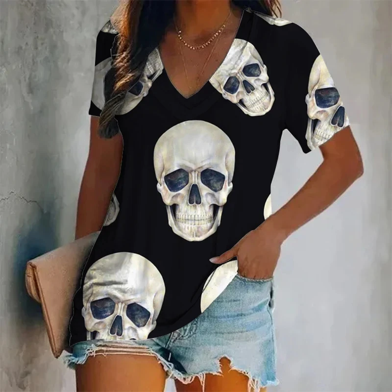 Summer Women Vintage T-shirt Colorful Skull V-Neck Tops Tees Female Fashion Short Sleeve Clothing Ladies Casual Stylish Outfit