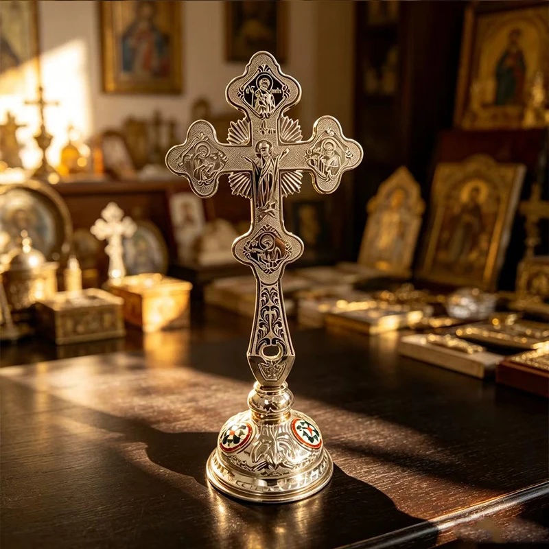 Silver Plated Catholic Orthodox Standing Blessing Cross with Icons for Church Liturgy Home Altar Prayer Devotion Christian Gift
