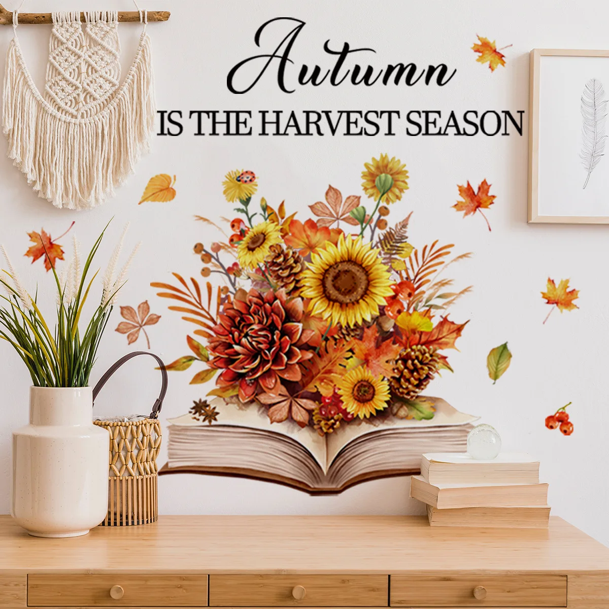 Open BookAutumn Leaves Wall Sticker Library Classroom Reading Book Study Animal Wall Decal School Bedroom Vinyl Home Decor