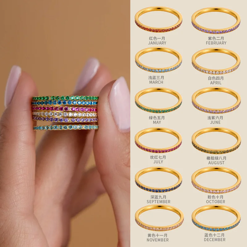 Birthstone Index Finger Rings For Women Thin Rings With Stone 18K Gold Plated With Zircon Colored Stones Stackable Rings