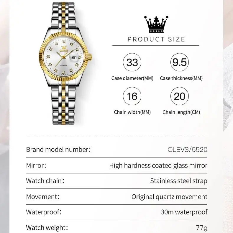 Olevs Nieuwe Dameshorloges Diamanten Auto Datumwijzerplaat Waterdicht Klassiek Origineel Merk Polshorloge Voor Vrouwen Goud Wit Horloge