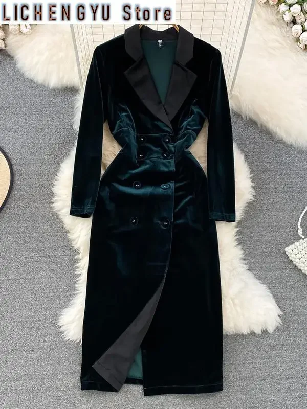 

New Sweet Style Women's Split Double-breasted Pleuche Notched A-line Solid Color High Waist Dress Autumn New Dresses