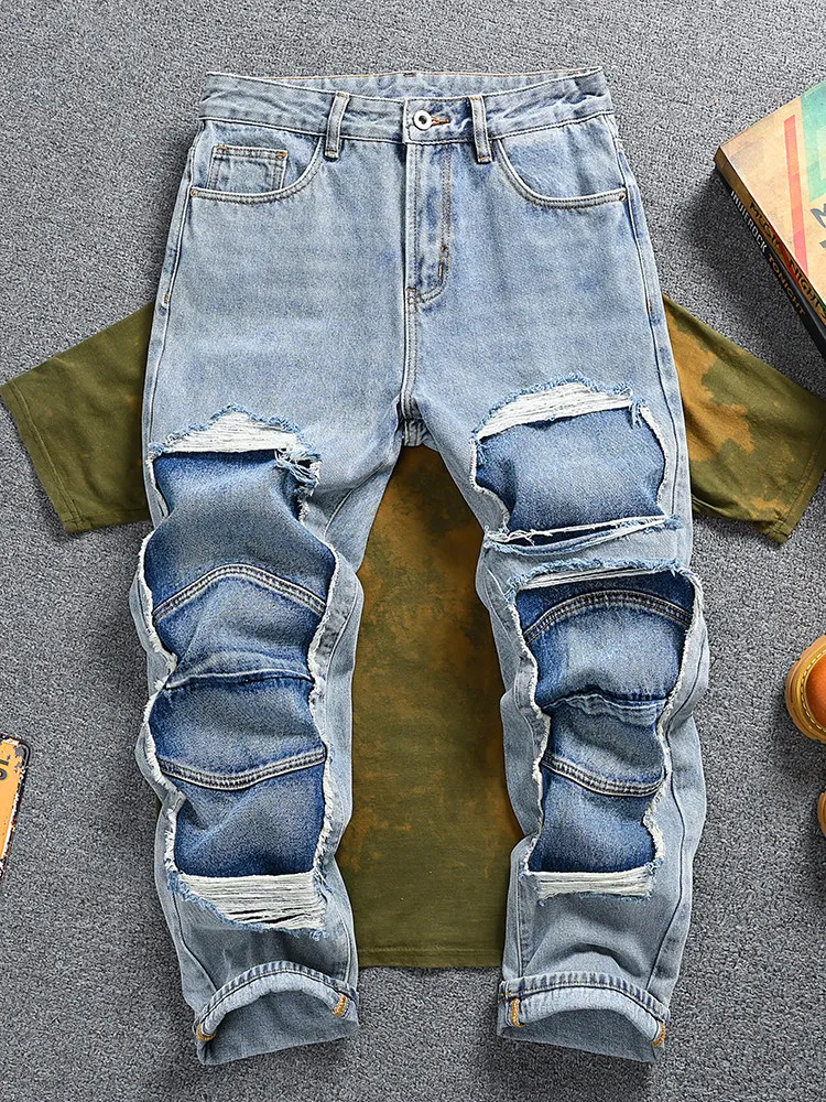 

Men's American Vintage Washed Jeans, Ripped & Patchwork Design, Loose Straight Street Style Fashion Denim Pants