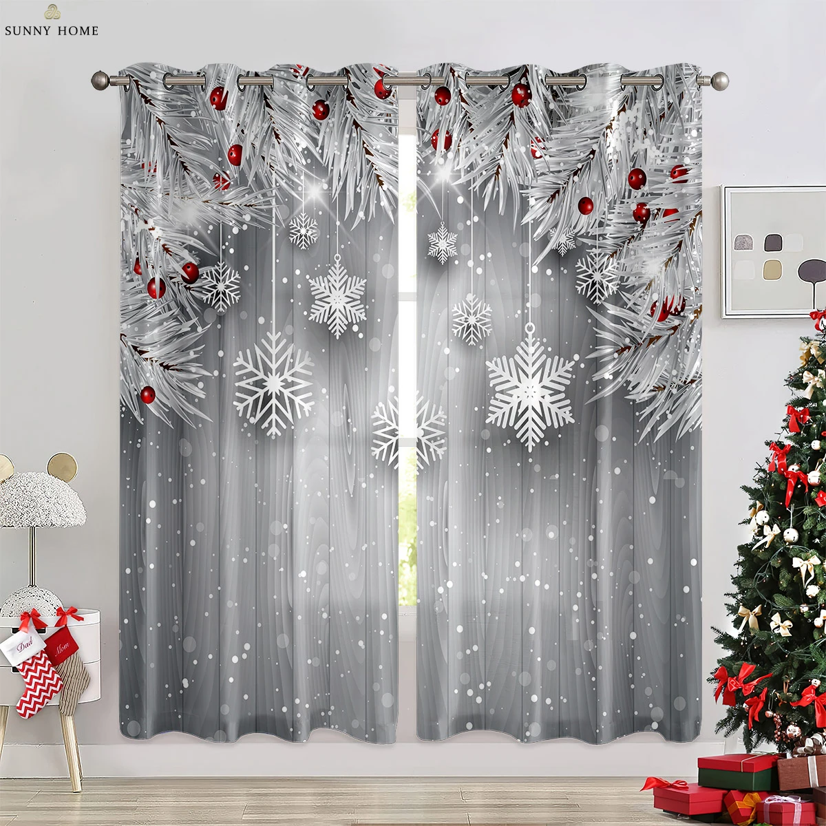 

Snowflake Ball Christmas Tree 3D Printed Curtains Bedroom Restaurant Christmas Party Decoration Curtains Easy to Wash and Care