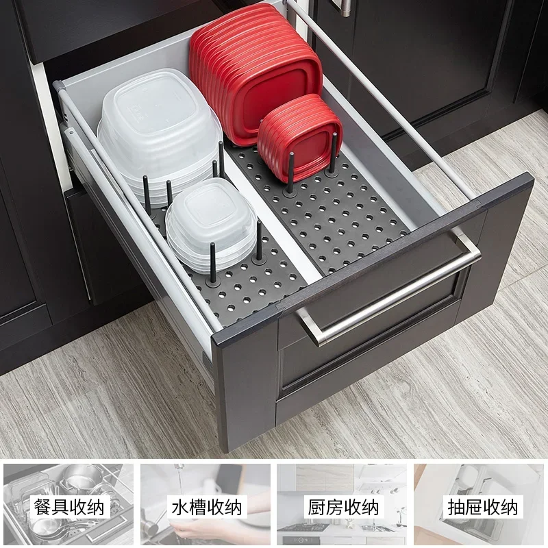 Kitchen shelves, dishes, storage shelves, countertops, cupboards, drawers, built-in dividers, cutlery, plates, drainage