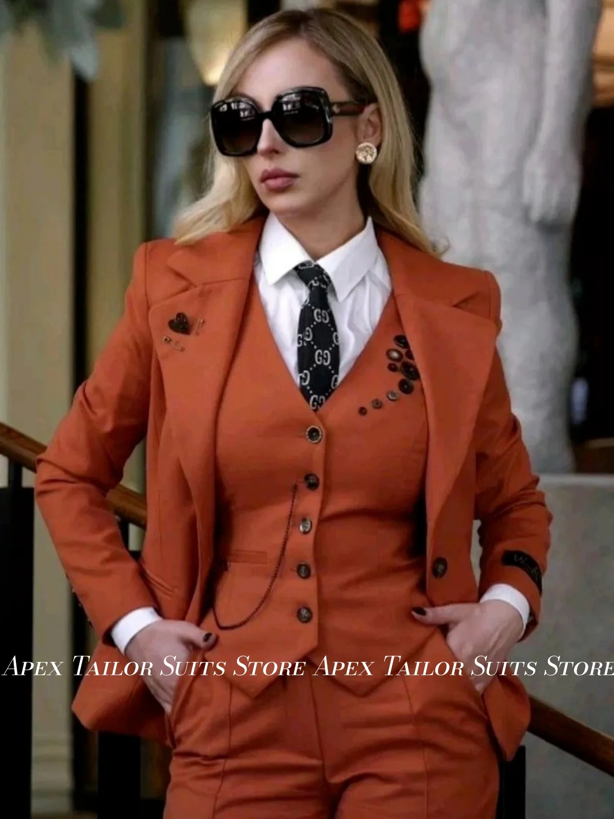 Elegant Ladies 3 Piece Suit Blazer Vest Pants Set Orange Notch Lapel Business Formal Work Wear Party Costume Custom Made
