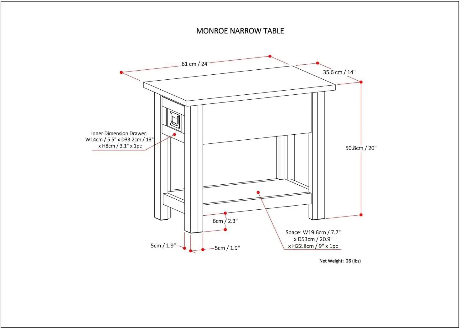 Monroe SOLID ACACIA WOOD 14-calowy prostokątny rustykalny wąski stolik boczny w rustykalnym kolorze naturalnego starego brązu, do salonu i B