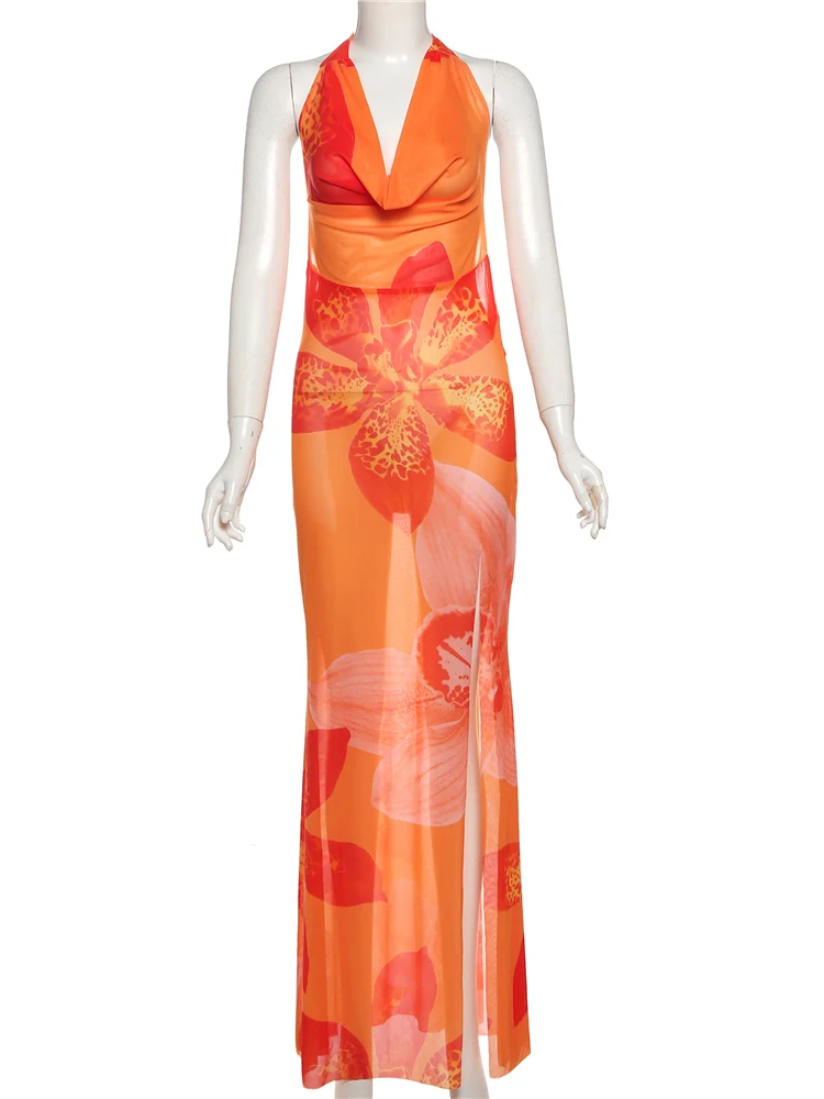 Whatiwear Blumendruck-Kleid für Damen, Neckholder, Swing-Kragen, rückenfrei, ärmellos, hohe Splits, Urlaub, Strand, Party, elegant, lang, figurbetont