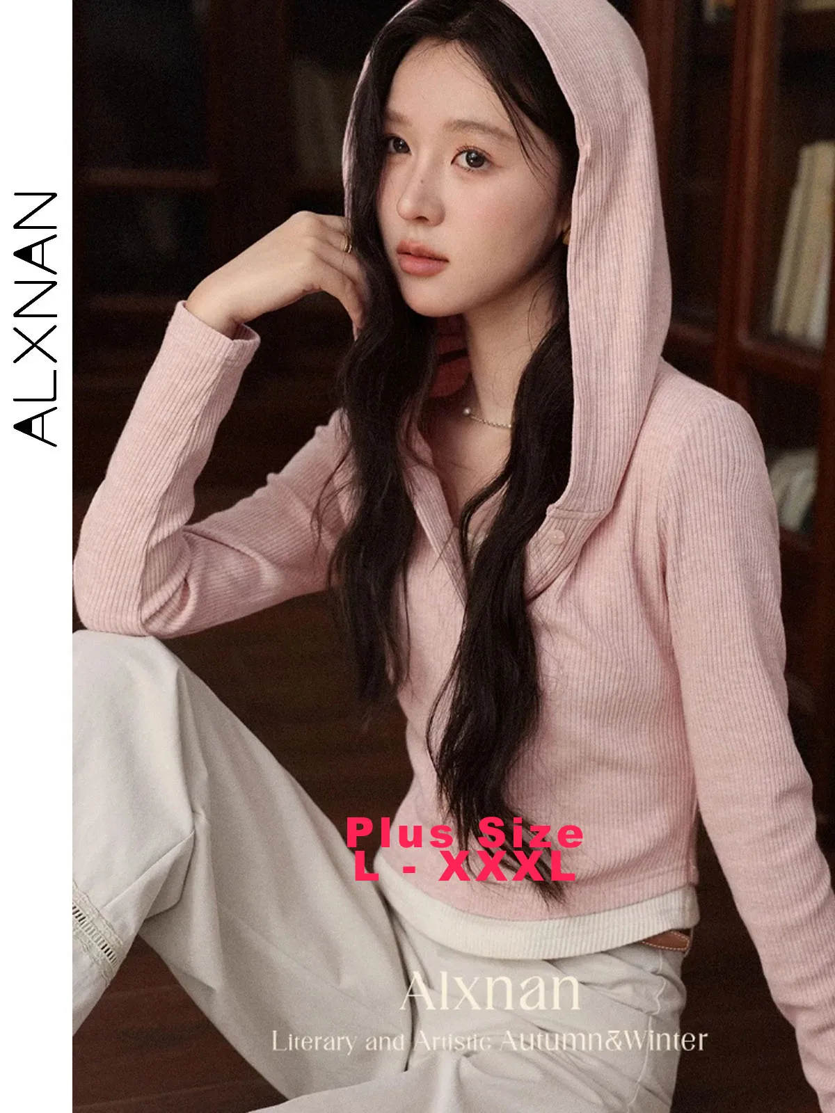 

ALXNAN Plus Size Pink T-shirt Fake Two-piece Color-block Hooded Women's Knitted T-shirt Autumn Slim-fit Long Sleeve Tops D12331