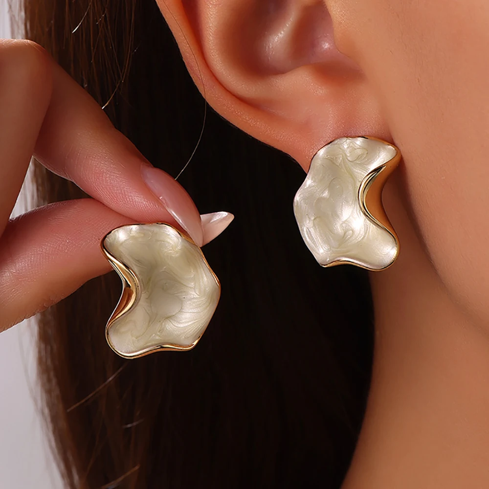 Irregular Sculptural Enamel Earrings Women Stainless Steel Curved Ruffled Floral Studs White Black Gloss Art Ear Jewelry