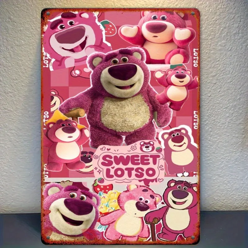 قطعة واحدة من لافتة تعليق على الحائط حديدية مقاس 20.32 × 30.48 سم من Sweet Lotso - تصميم الدب الكرتوني الوردي مع نص "Sweet Lotso"، مثالي لغرفة الأطفال