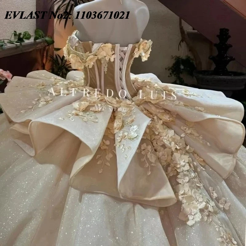 EVLAST Customized Champagne Quinceanera Dress for Girls Ball Gown Lace Appliques Beading Bow Sweet 16 Vestidos 15 Anos E2QA539