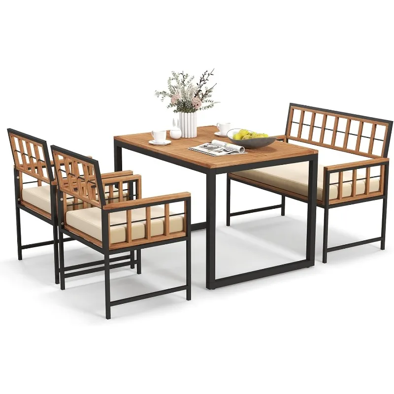 4 Piece Patio Dining Set, Outdoor Wood Dining Furniture W/ 2 Chairs & 1 Loveseat, 47” Acacia Wood Table W/Umbrella Hole