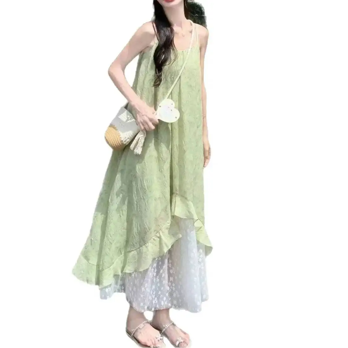 Abito estivo nuovo con cinturino floreale verde stile francese da donna bella vacanza al mare gonna lunga con giunture in pizzo elegante vita ampia