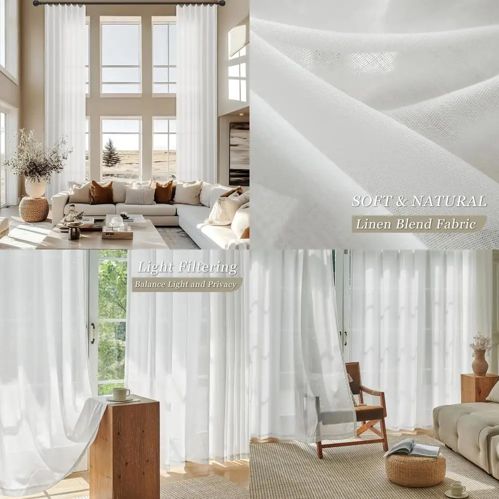 

Длинные белые льняные шторы с плиссировкой 156 см для комнат с высокими потолками - полупрозрачные, рассеивающие свет, с крючками и креплением на петлях