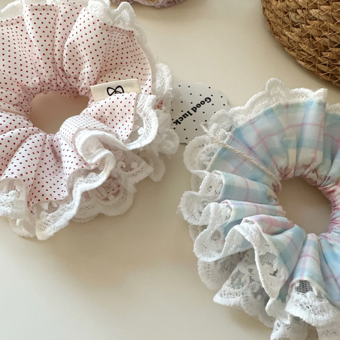 Premium Multilayer Lace Scrunchie Polka Dot Plaid Hair Tie for Messy Bun Korean New Style Elegant Lightweight Hair Tools