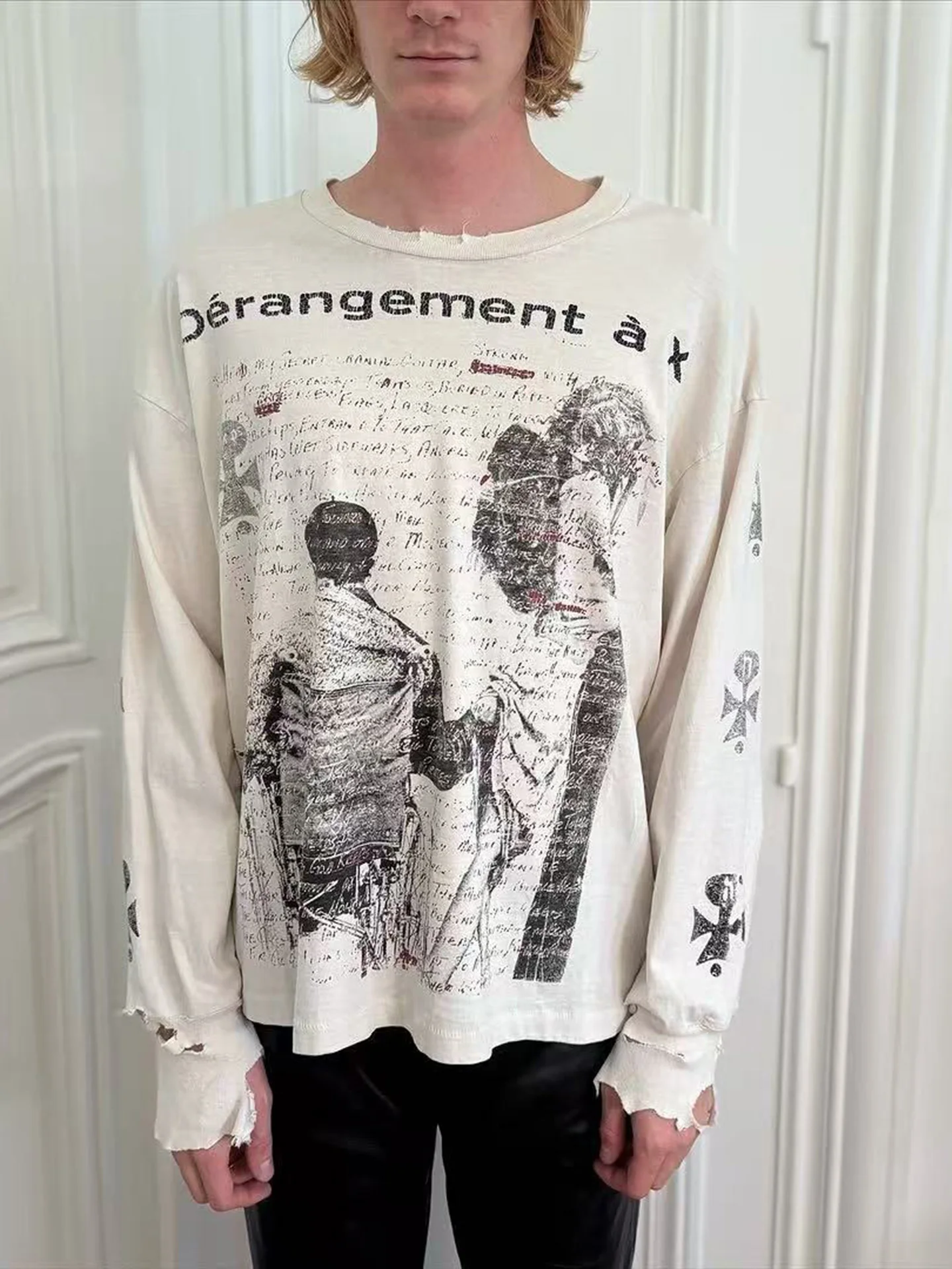 Washed Casual American Style Long Sleeve T-Shirt Men's Print Depressed Rich Second Generation Loose Fit Breathable Cotton