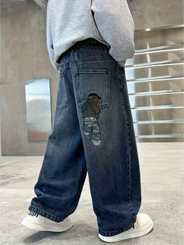 Boys Embroidered Straight Jeans 5 Boy's Loose-Fit Trendy Rear Pocket Embroidered Design Denim Straight-Leg Pants, Comfortable Stretch Elastic Waist. 5