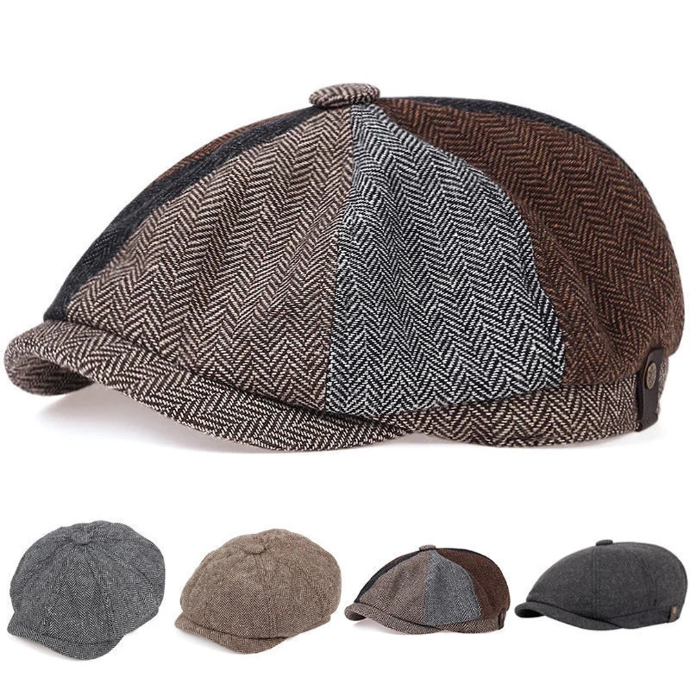 

Men's Women Herringbone Tweed Newsboy Cap Classic Vintage Gatsby ivy Cabbie Hat Flat Beret Cap