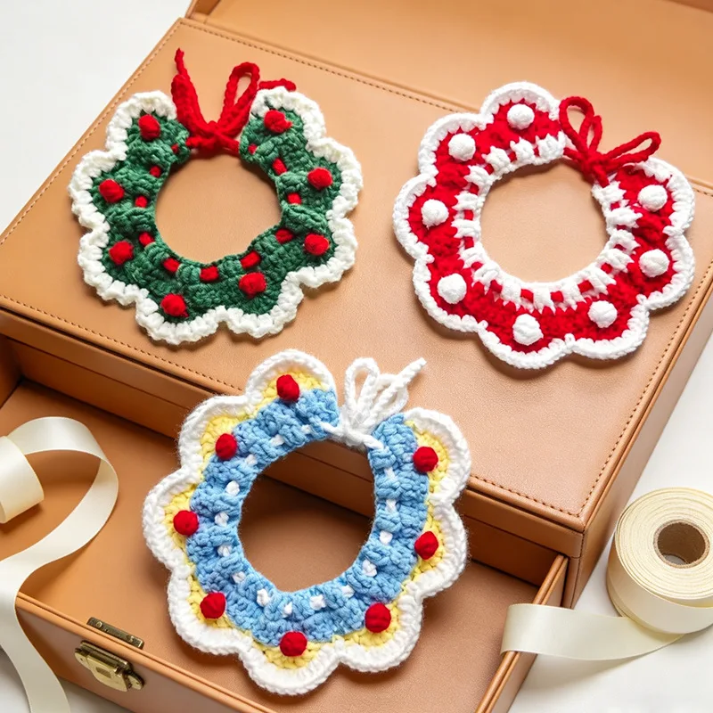 Hand Crochet Pet Wreath Collar, Ruffled Floral Knitted Cat Collar with Pom Dot Decor, Adjustable Handmade Pet Neck Band for Kitten Small Dog Christmas Party Photo