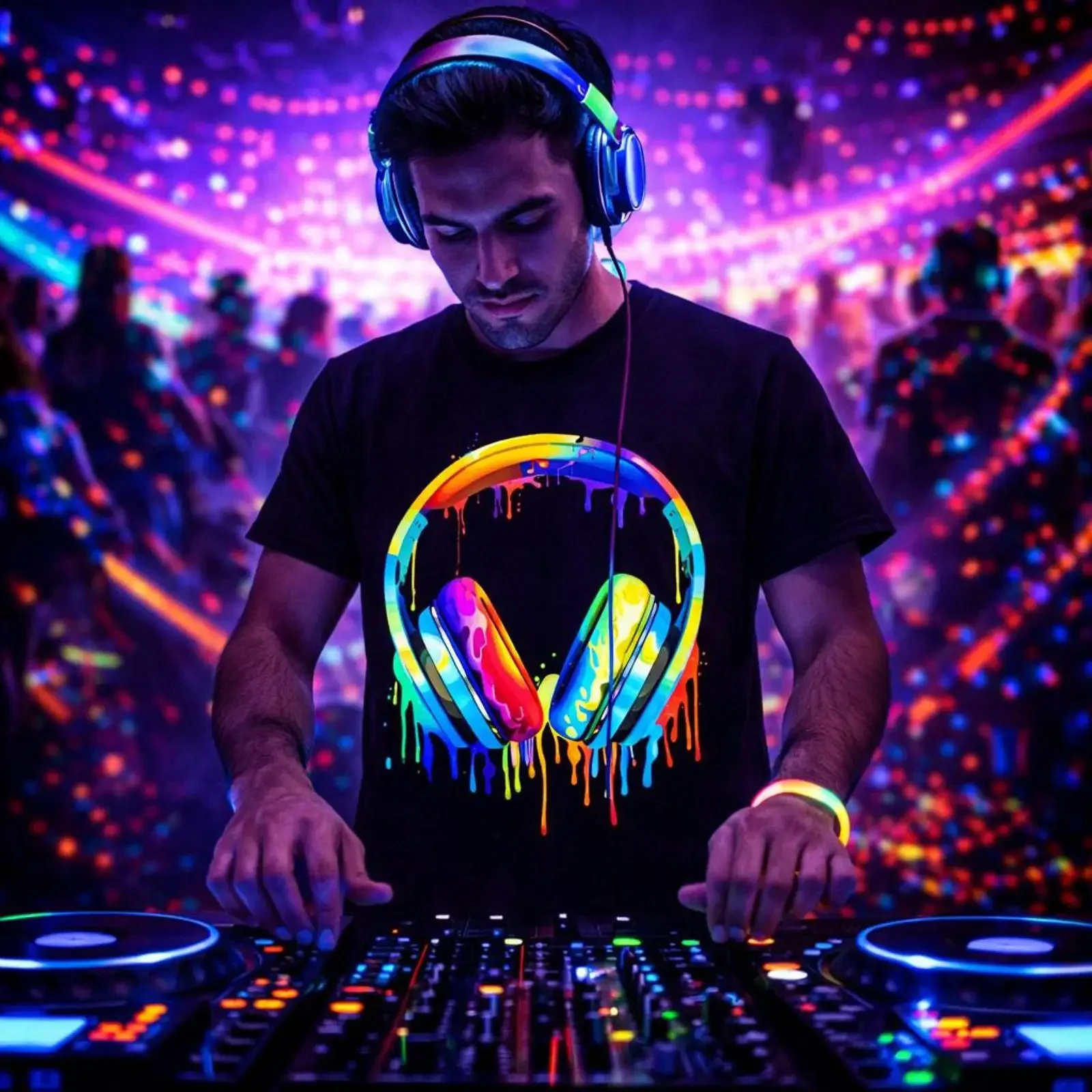 Fluorescent Headphones T Shirt Neon Dripping Print Glow in the Dark Street Art Style DJ and Musician Clothing vintage Washed