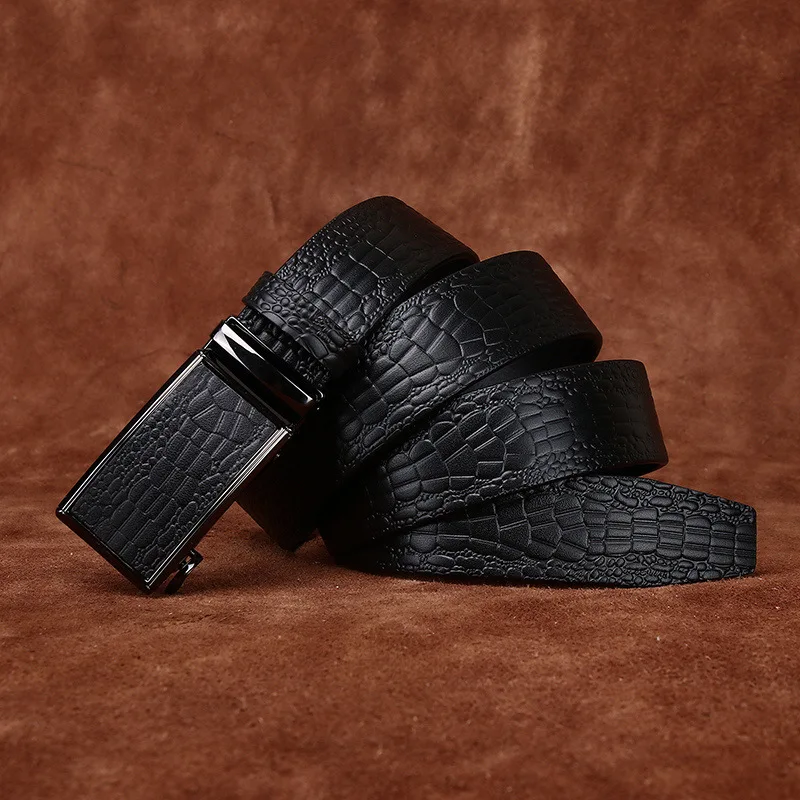 Genuine Leather Business Crocodile Embossed Belt for Men, First Layer Cowhide with Automatic Buckle