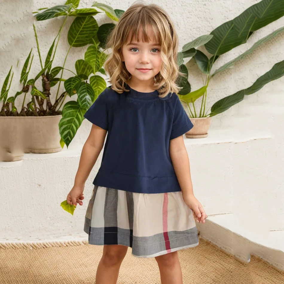 Children Girls Dress Summer Short Sleeve Splicing Stripes Fashion Cotton A Line Casual Solid Color Dress  Kids Clothes 2-7years